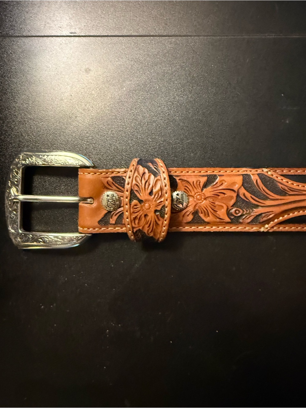 Tony Lama Tooled Floral Leather Belt in Tan and Black with Silver Buckle Vintage